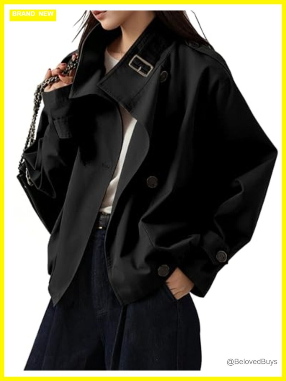 Women's Cotton Blend Cropped Trench Coat Funnel Neck Long Sleeve Casual